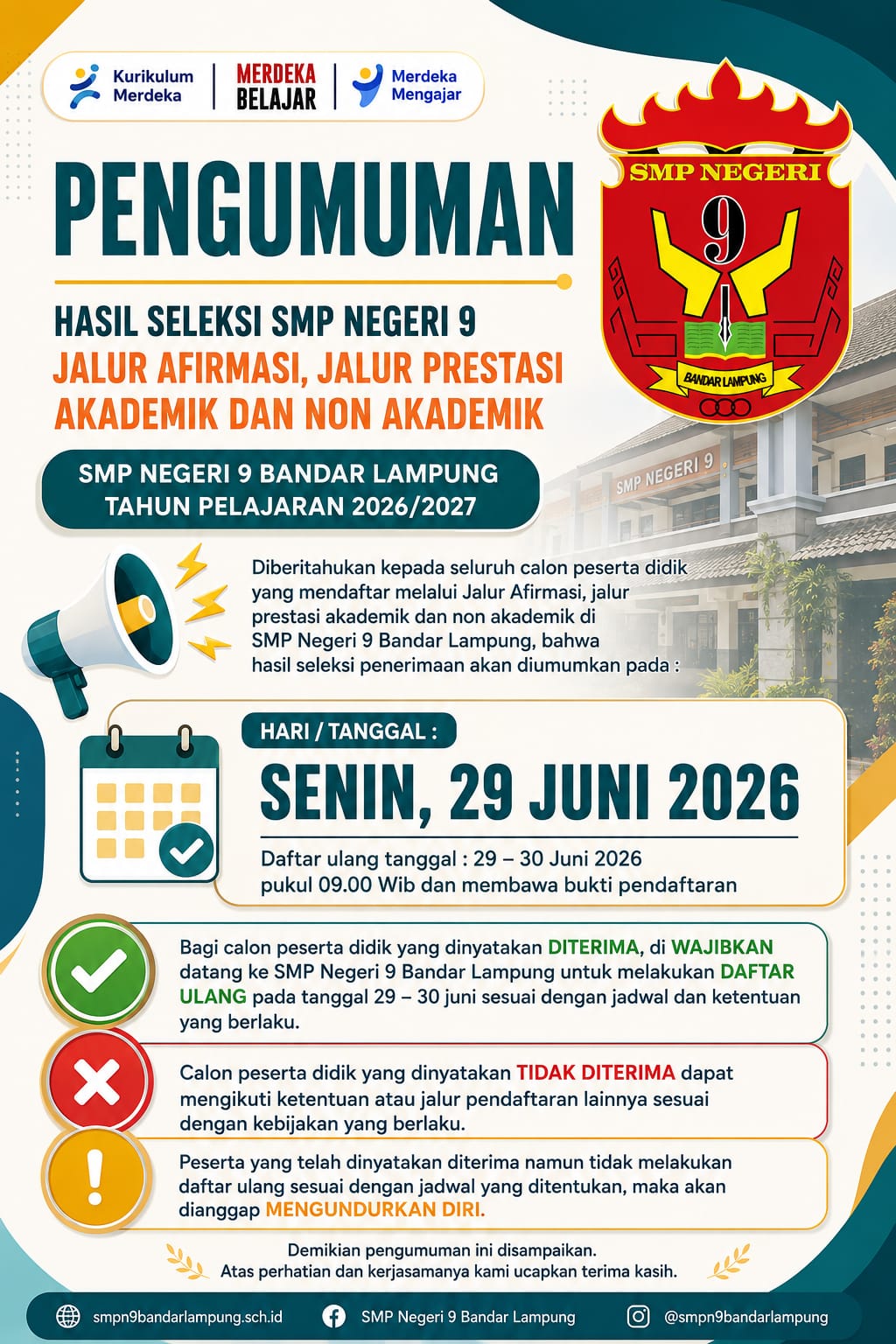 Pengumuman Hasil SPMB SMP Negeri 9 Bandar Lampung Tahun Ajaran 2026/2027 (Jalur Afirmasi, Prestasi dan Domisili)